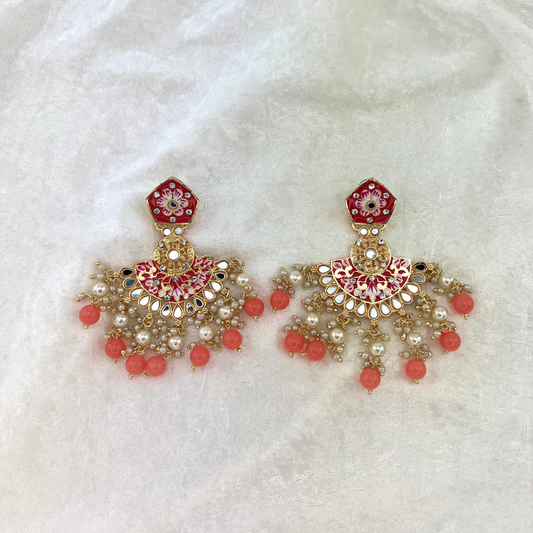 High quality hand painted earrings in Pink with pearls, beads, mirrors and stone work. Latest 2022 indian jewellery for weddings, parties and special occasions.