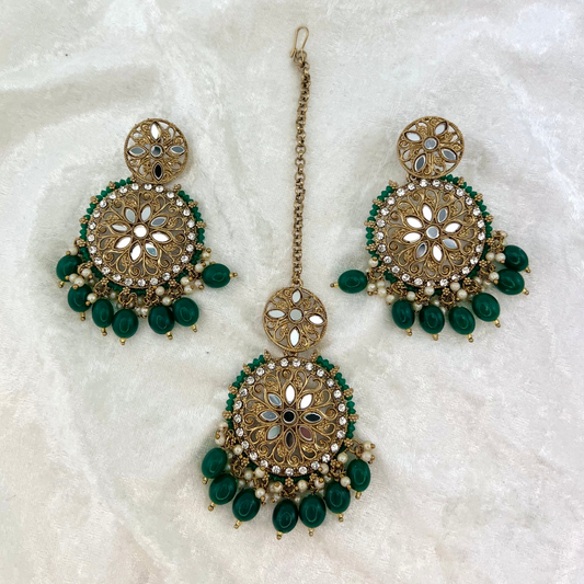 Mirror Tikka & Earring Set in Forest Green, high quality mirrors, stones and beads
