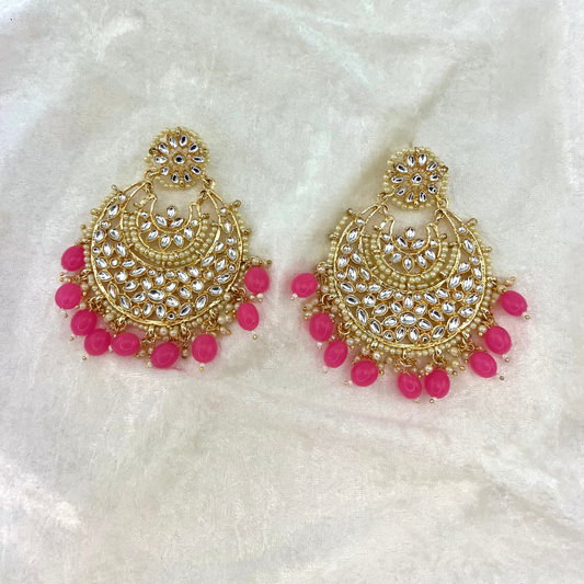 Indian wedding jewellery - large earrinfs with high quality stones and beads in pink