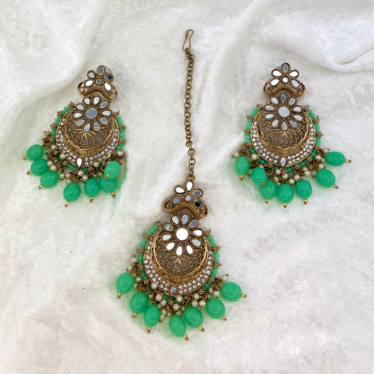 Mirror Tikka & Earring set in Mint Green, high quality stones and beads