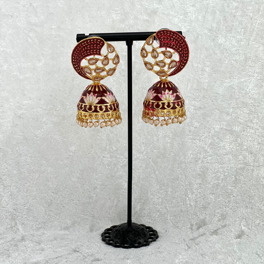 Jhumka Earrings in maroon with pearls, Indian wedding jewellery, perfect for Indian weddings, parties and special occasions