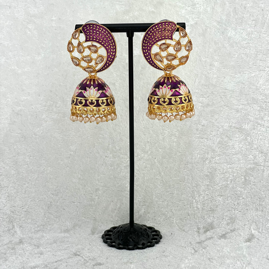 Jhumka Earrings in purple with pearls, Indian wedding jewellery, perfect for Indian weddings, parties and special occasions