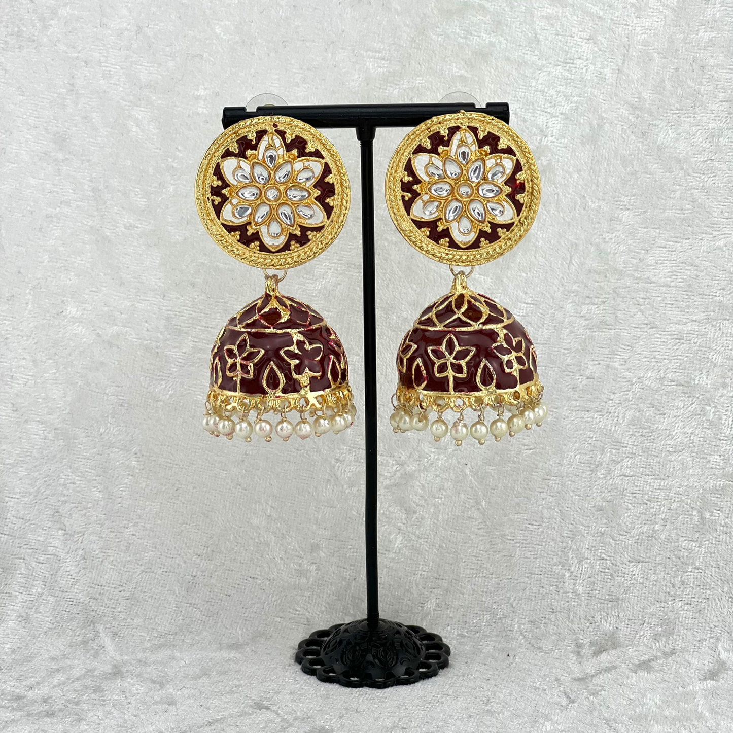 Jhumka Earrings in maroon colour High quality hand painted earrings with pearls. Latest 2022 fashion, prefect for Indian weddings, parties & special occasions.