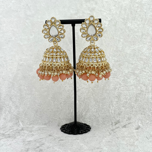 jhumka earrings in peach with stones, pearls & beads, indian wedding jewellery prefect for weddings, parties and special occasions. 2022 fashion