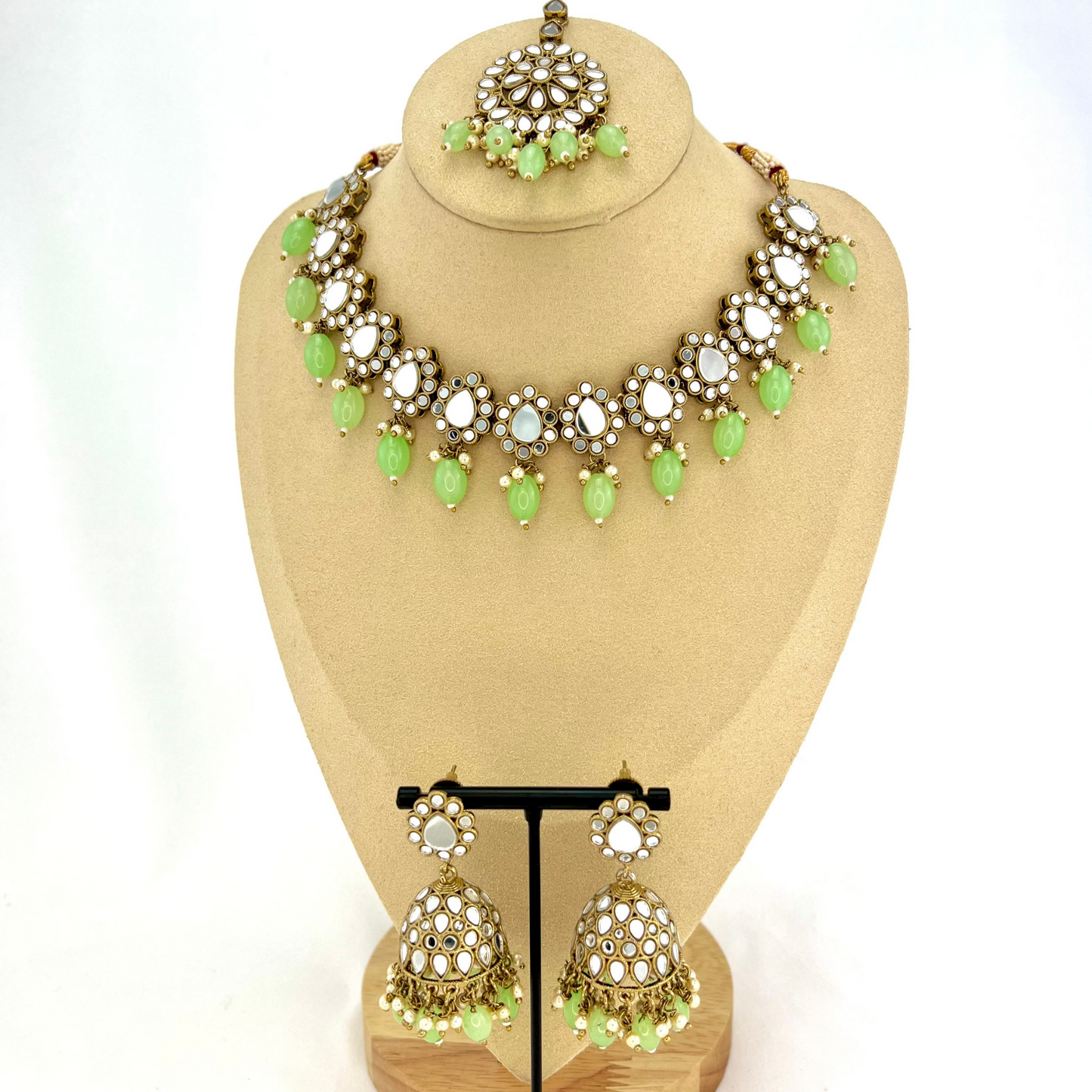 Mirror Necklace set with green beads. Set includes necklace, tikka and earrings. Prefect for Indian parties, weddings and special occasions. Latest 2022 fashion