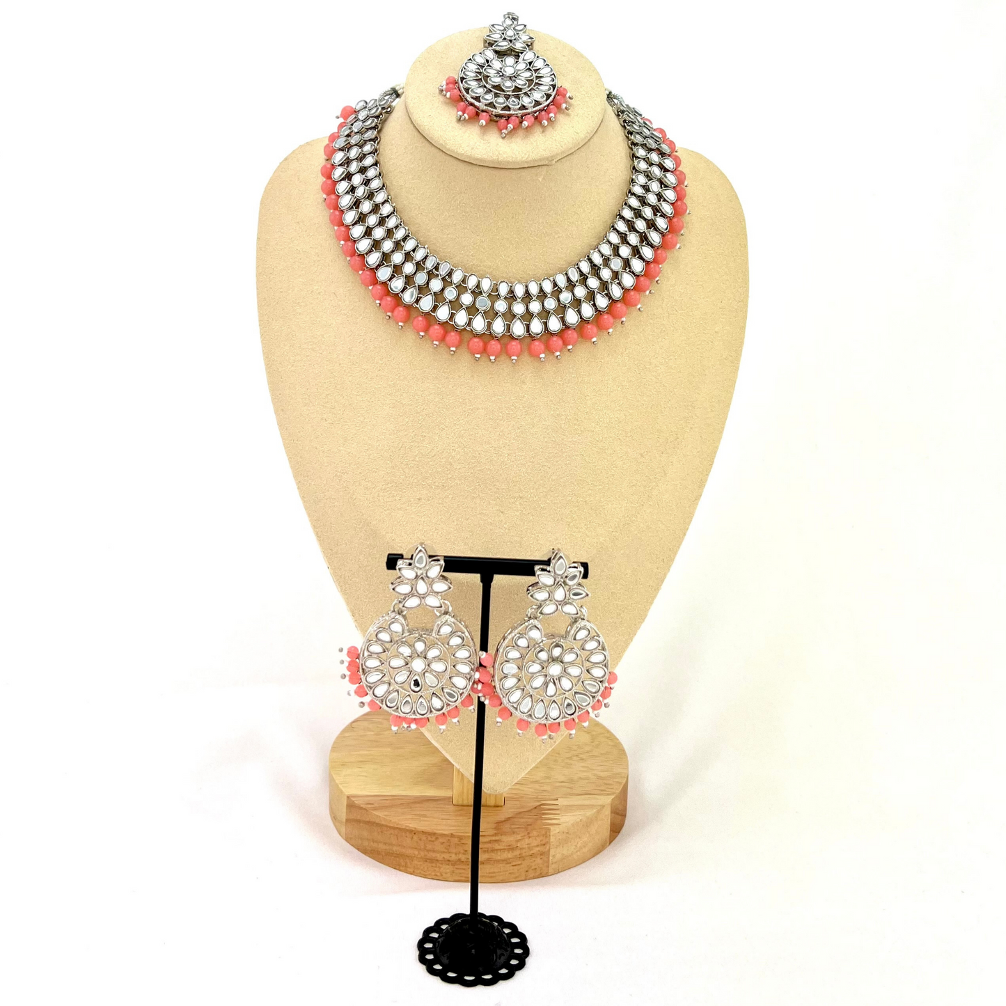 Mirror necklace set with pink beads. Set includes, necklace, tikka and earrings. Prefect for Indian weddings, parties and special occasions. Latest 2022 fashion. High end Indian fashion jewellery with top quality stones and beads.