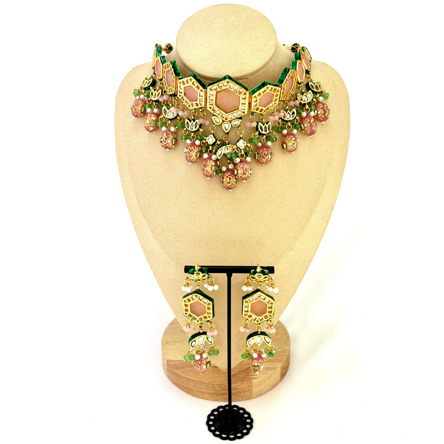 Choker set with pink, green and white beads. Set includes necklace & earrings. Prefect for Indian weddings, parties and special occasions. Latest 2022 fashion.