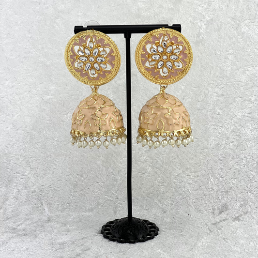 Jhumka Earrings in champagne colour High quality hand painted earrings with pearls. Latest 2022 fashion, prefect for Indian weddings, parties & special occasions.