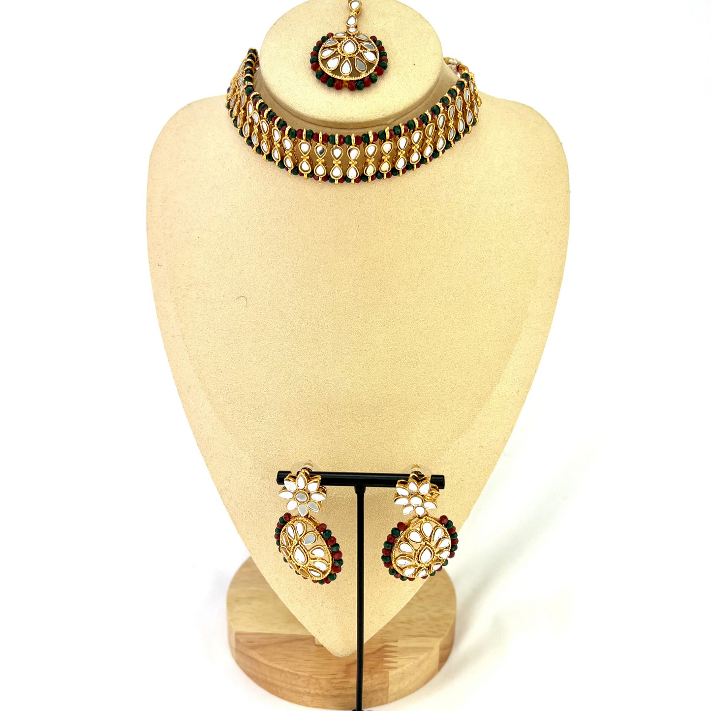 Mirror choker set with multi colour beads. Set includes necklace, tikka and earrings. Prefect for Indian parties, weddings and special occasions. Latest 2022 fashion