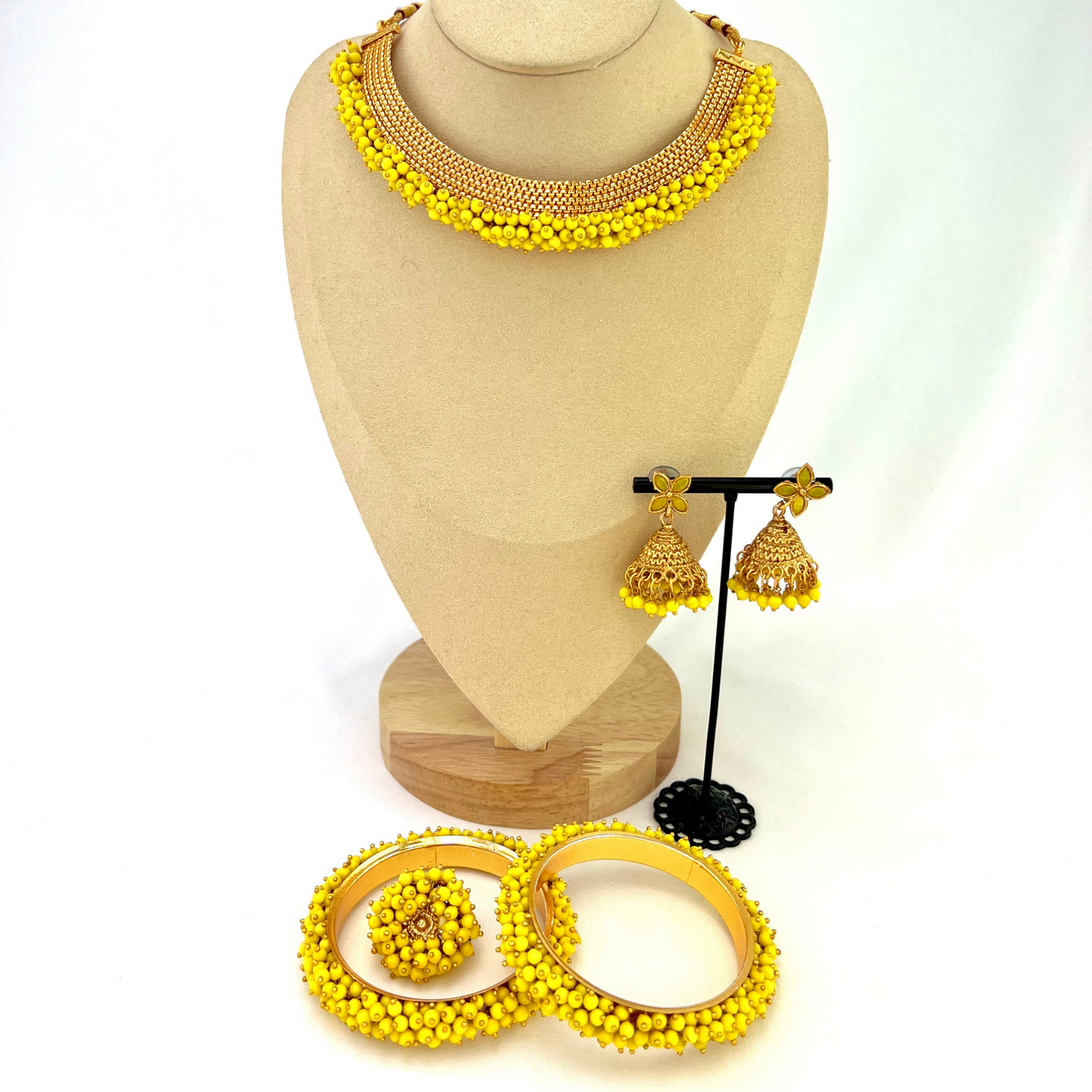 Necklace set with small yellow beads. Set includes necklace, earrings, ring & bangle. Prefect for Indian parties, weddings and special occasions. Latest 2022 fashion.