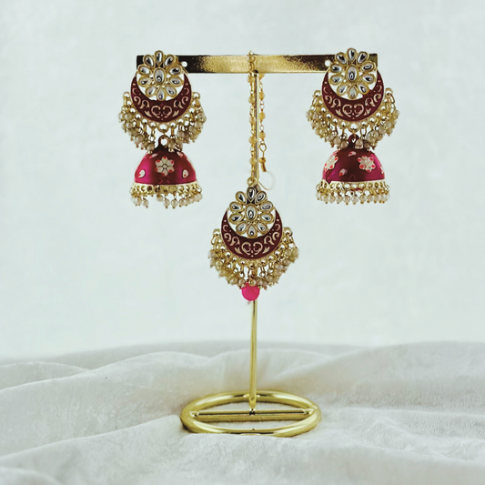 Tikka & Earring Set in hot pink. High quality beads, pearls and stone work. Latest 2023 fashion for weddings, parties and special occasions