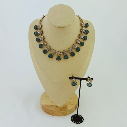 Necklace set with green stones. Set includes necklace & earrings. Prefect for Indian weddings, parties and special occasions. Latest 2023 fashion. High end Indian fashion jewellery with top quality stones and beads.