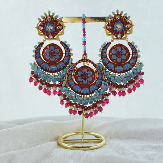 Hand painted tikka & earring set in pink, blue & hot pink. High quality beads, pearls and stone work. Latest 2023 fashion for weddings, parties and special occasions