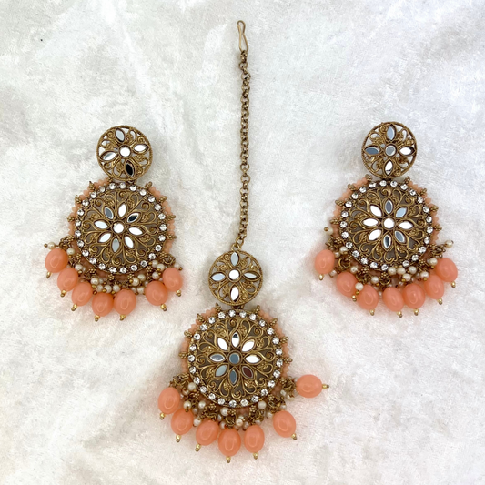 Mirror Tikka & Earring Set in Peach, high quality mirrors, stones and beads