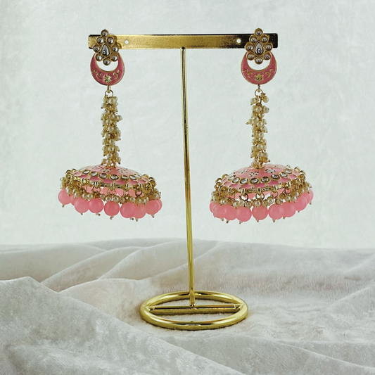 High quality hand painted baby pink jhumka earrings with beads. Latest 2023 fashion, prefect for Indian weddings, parties & special occasions