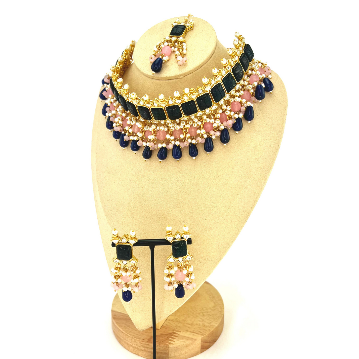 Choker set with with navy blue, clear stones and pink, navy blue beads, Set includes choker, tikka and earrings. Prefect for Indian weddings, parties and special occasions. Latest 2022 fashion. High end Indian fashion jewellery with top quality stones and beads.