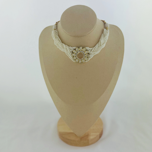 Necklace set with peach stone and white pearl beads. Set includes necklace & earrings. Prefect for Indian weddings, parties and special occasions. Latest 2023 fashion. High end Indian fashion jewellery with top quality stones and beads.