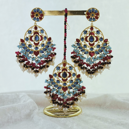 Tikka & earring set in hot pink & baby blue. High quality beads, pearls and stone work. Latest 2023 fashion for weddings, parties and special occasions