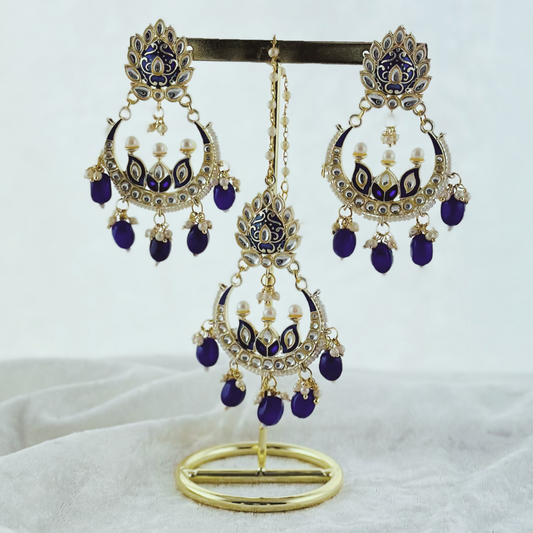 Tikka & Earring Set in blue. High quality beads, pearls and stone work. Latest 2023 fashion for weddings, parties and special occasions