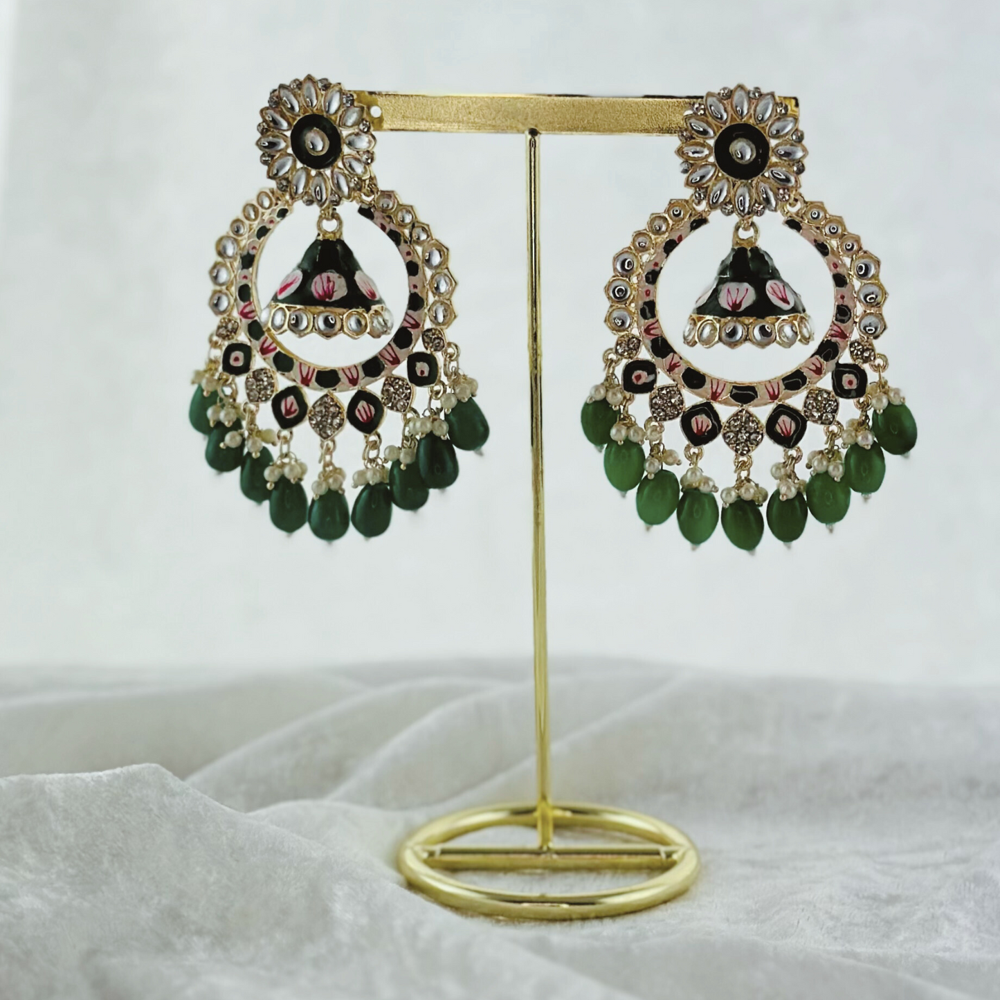 High quality hand painted forest green earrings with beads. Latest 2023 fashion, prefect for Indian weddings, parties & special occasions