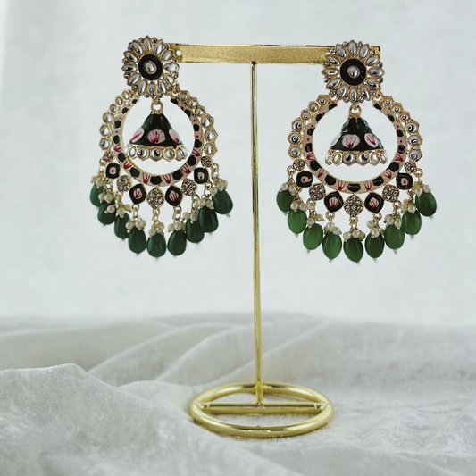 High quality hand painted forest green earrings with beads. Latest 2023 fashion, prefect for Indian weddings, parties & special occasions
