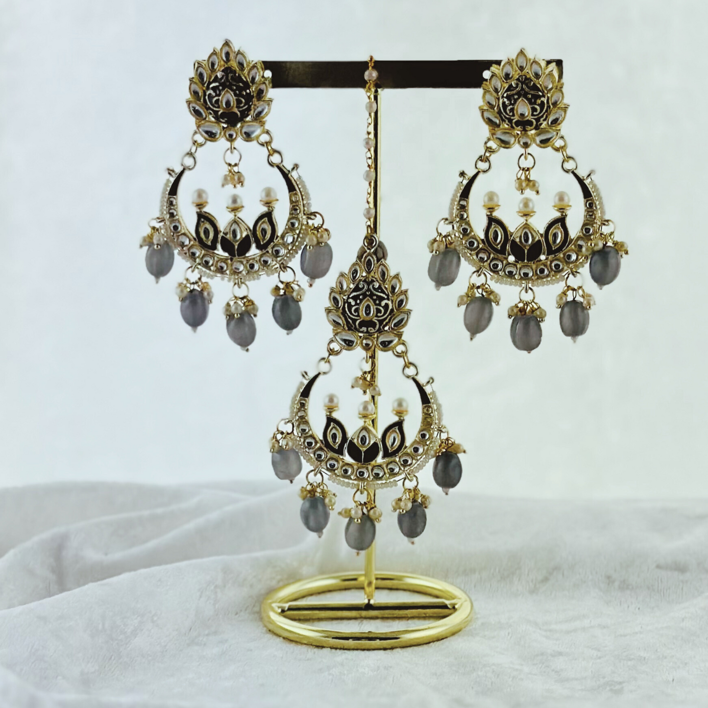 Tikka & Earring Set in grey. High quality beads, pearls and stone work. Latest 2023 fashion for weddings, parties and special occasions