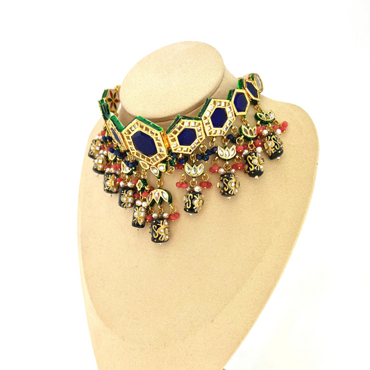 Choker set with navy blue, pink and white beads. Set includes necklace & earrings. Prefect for Indian weddings, parties and special occasions. Latest 2022 fashion.