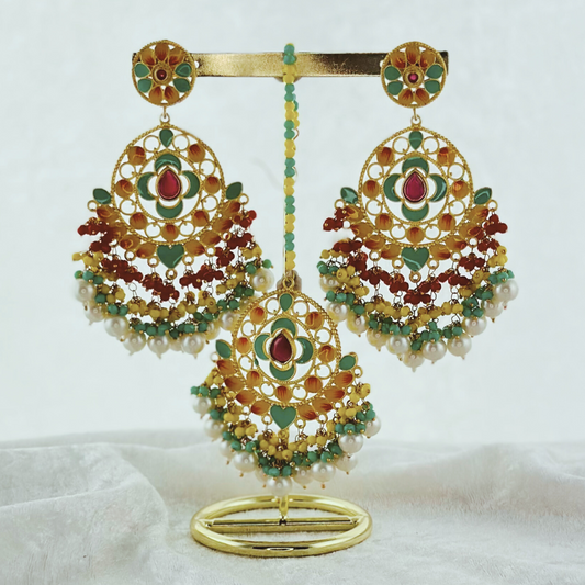 Tikka & earring set in yellow, red & blue. High quality beads, pearls and stone work. Latest 2023 fashion for weddings, parties and special occasions