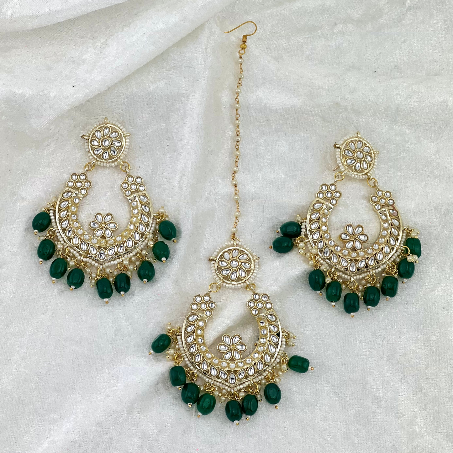 Tikka & Earring Set in Forest Green with high quality beads, peals and stones