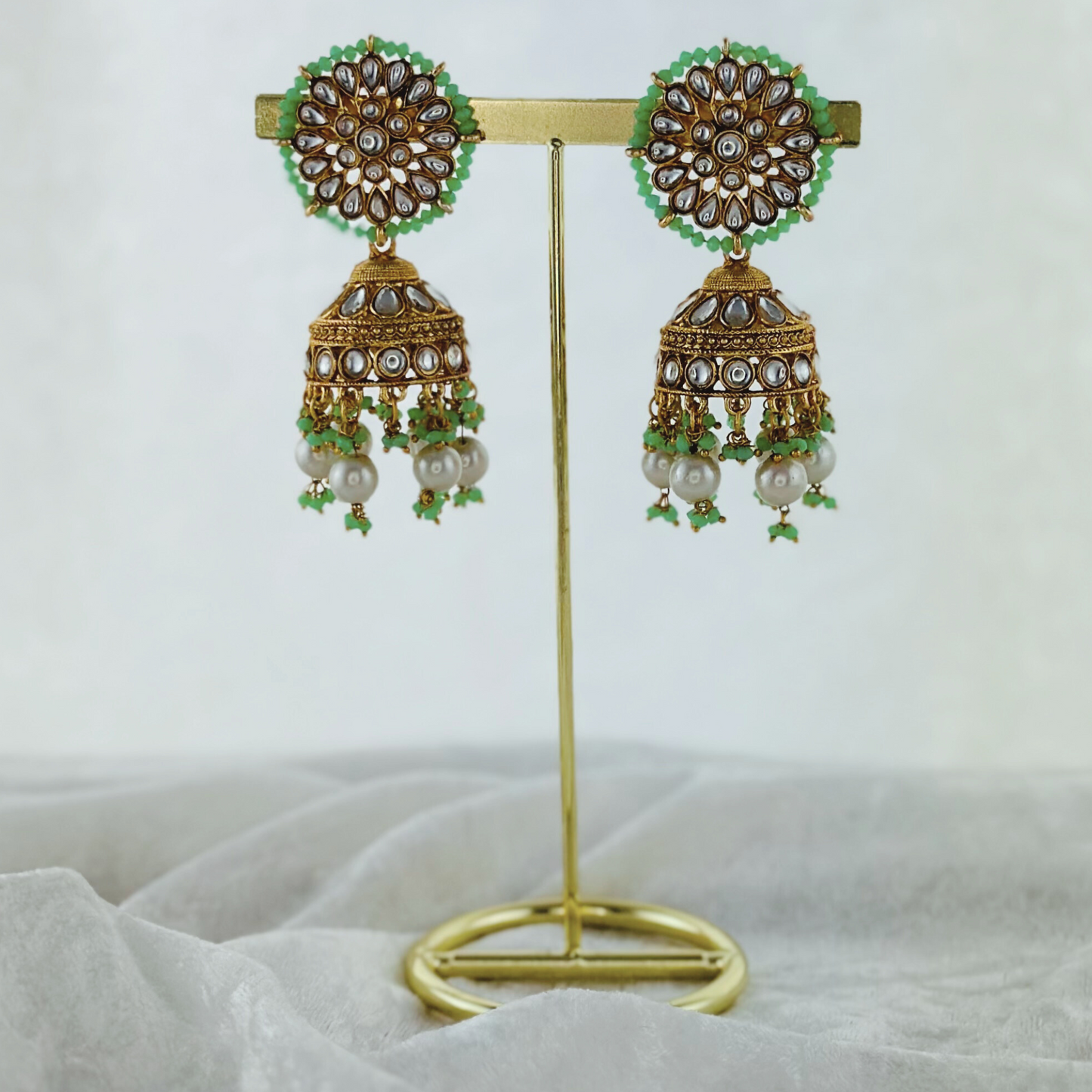 High quality mint green jhumka earrings with beads. Latest 2023 fashion, prefect for Indian weddings, parties & special occasions