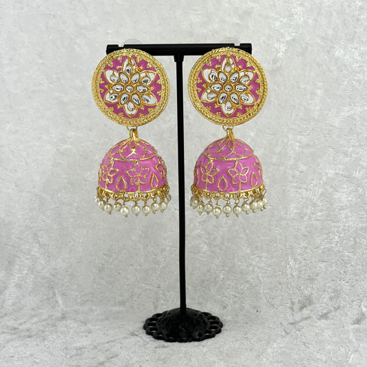 Jhumka Earrings in pink colour High quality hand painted earrings with pearls. Latest 2022 fashion, prefect for Indian weddings, parties & special occasions.