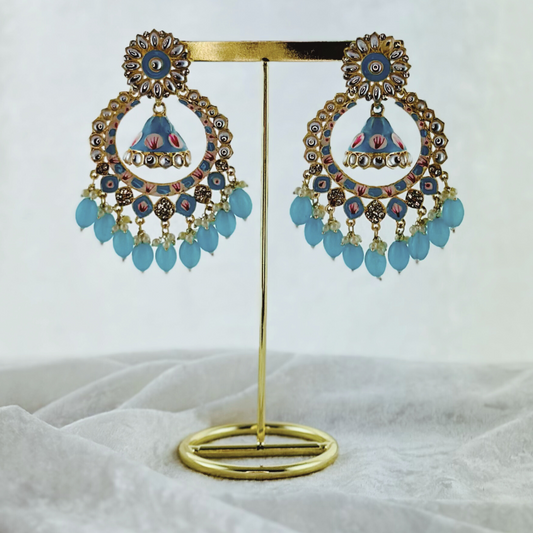 High quality hand painted baby blue earrings with beads. Latest 2023 fashion, prefect for Indian weddings, parties & special occasions.