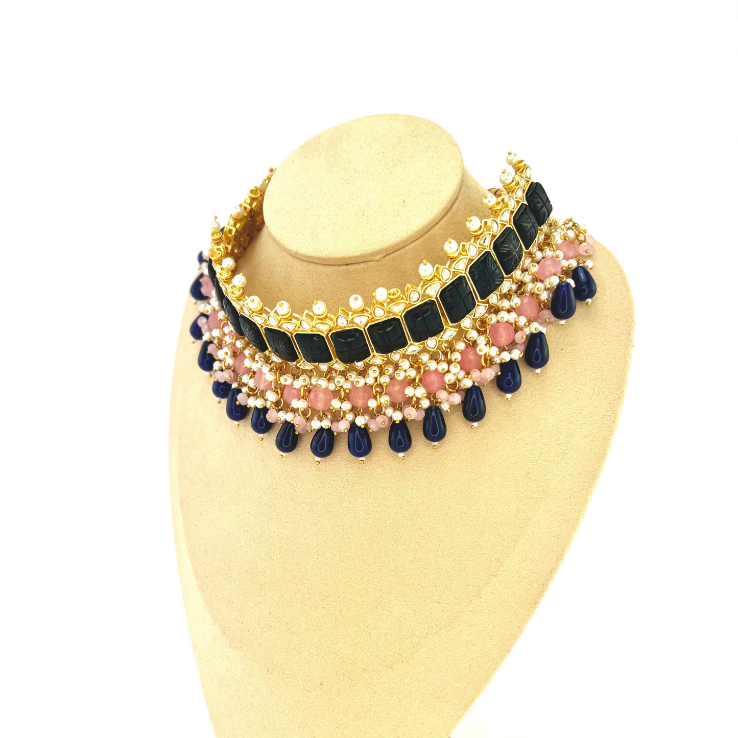 Choker set with with navy blue, clear stones and pink, navy blue beads, Set includes choker, tikka and earrings. Prefect for Indian weddings, parties and special occasions. Latest 2022 fashion. High end Indian fashion jewellery with top quality stones and beads.