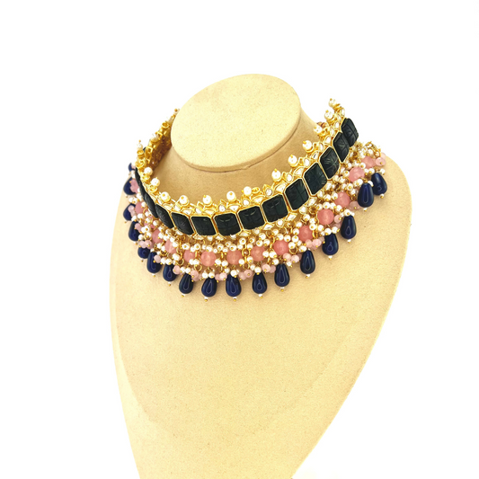 Choker set with with navy blue, clear stones and pink, navy blue beads, Set includes choker, tikka and earrings. Prefect for Indian weddings, parties and special occasions. Latest 2022 fashion. High end Indian fashion jewellery with top quality stones and beads.