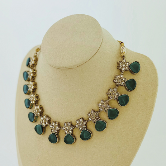 Necklace set with green stones. Set includes necklace & earrings. Prefect for Indian weddings, parties and special occasions. Latest 2023 fashion. High end Indian fashion jewellery with top quality stones and beads.