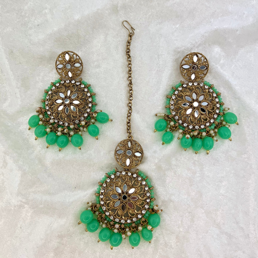 Mirror Tikka & Earring Set in Mint Green, high quality mirrors, stones and beads