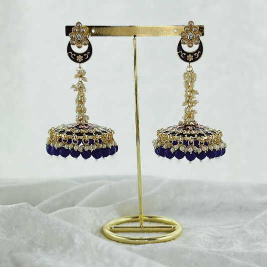 High quality hand painted navy jhumka earrings with beads. Latest 2023 fashion, prefect for Indian weddings, parties & special occasions
