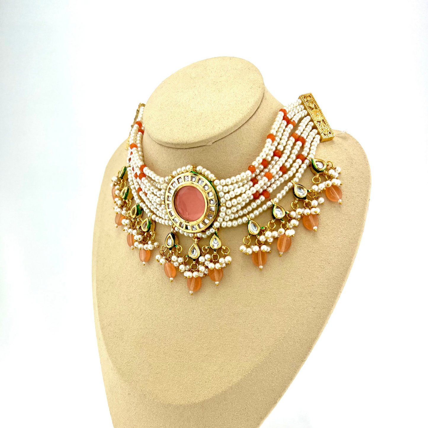 Necklace set with peach beads, stones and white pearl. Set includes necklace and earrings. Prefect for Indian weddings, parties and special occasions. Latest 2022 fashion. High end Indian fashion jewellery with top quality stones and beads.