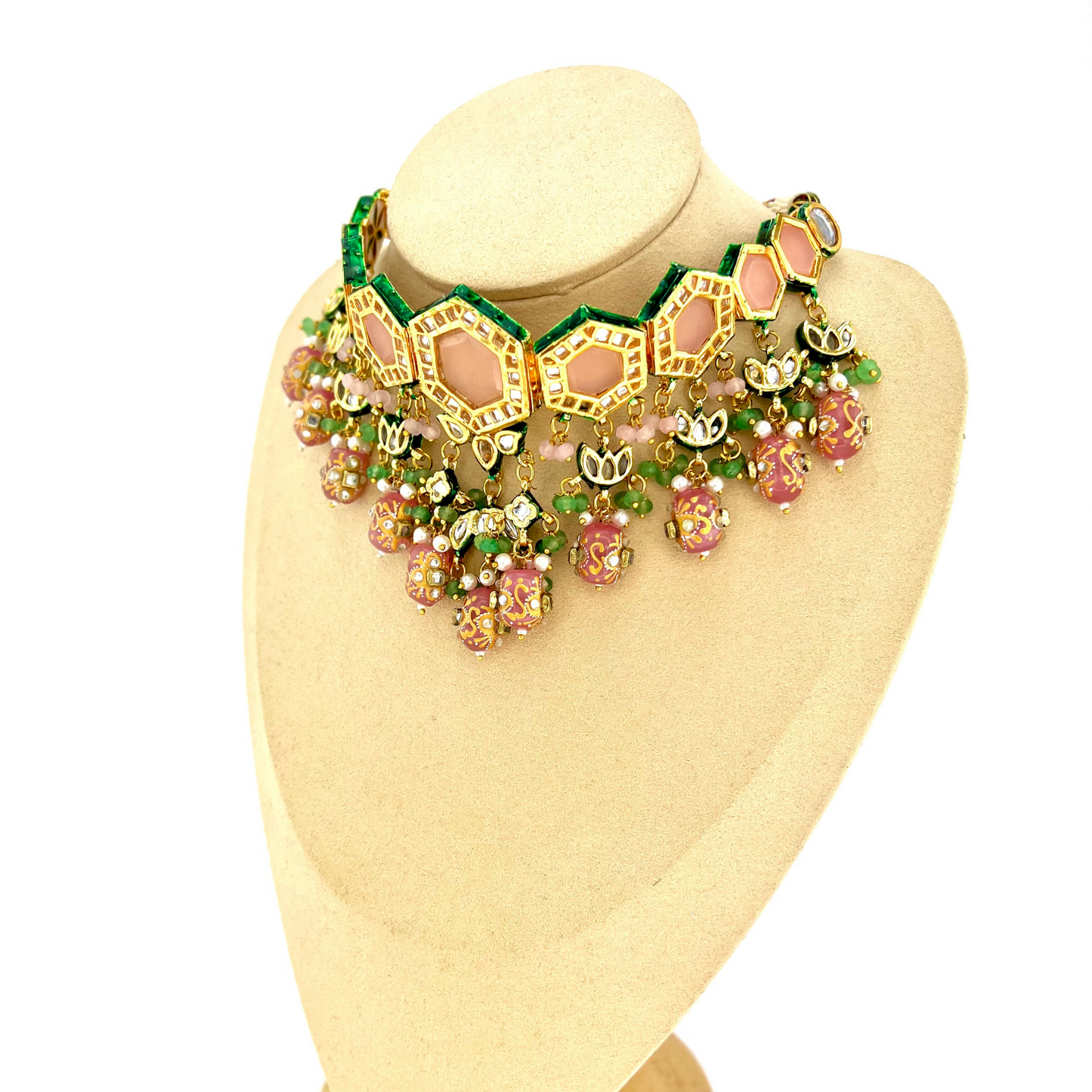 Choker set with pink, green and white beads. Set includes necklace & earrings. Prefect for Indian weddings, parties and special occasions. Latest 2022 fashion.