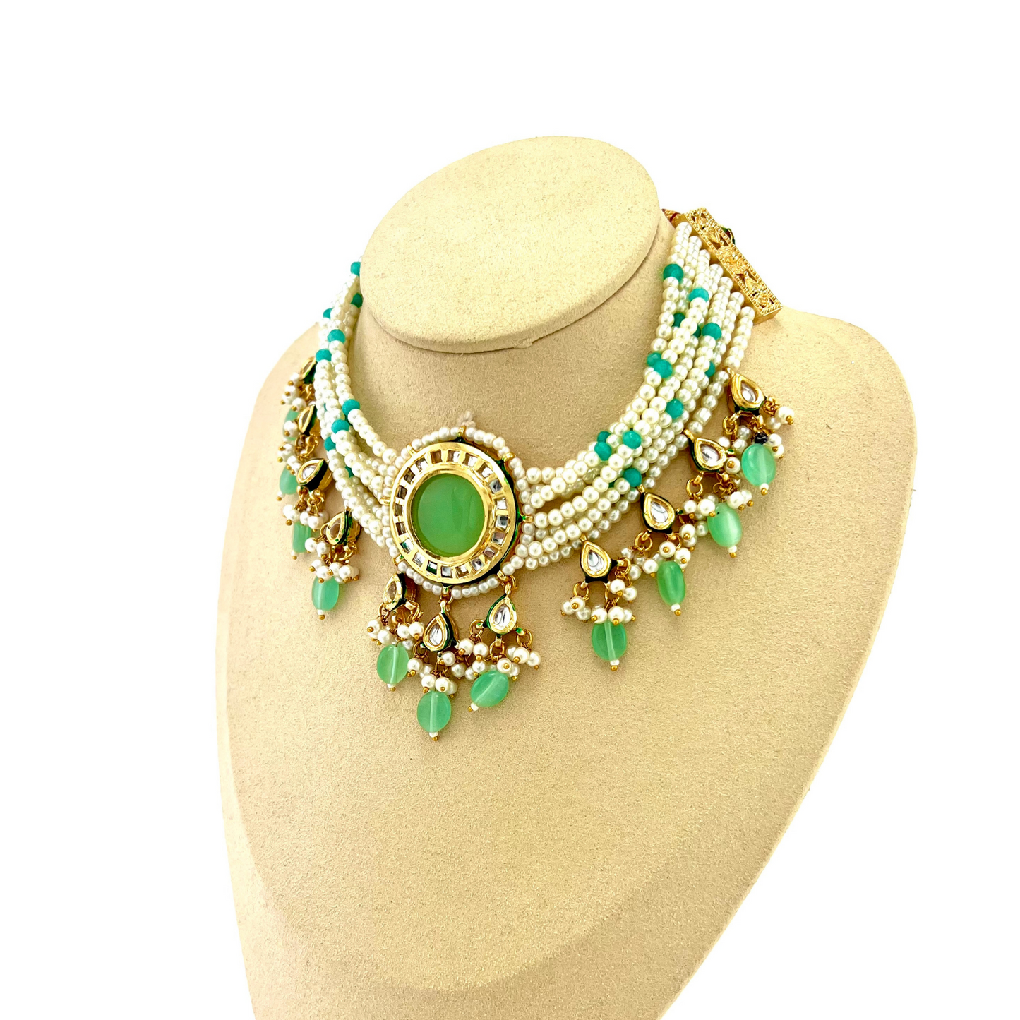 Necklace set with green beads, stones and white pearl. Set includes necklace and earrings. Prefect for Indian weddings, parties and special occasions. Latest 2022 fashion. High end Indian fashion jewellery with top quality stones and beads.