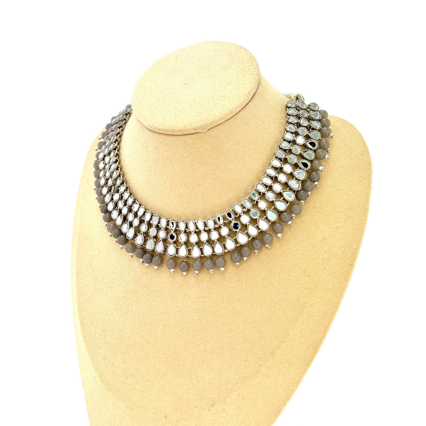 Mirror necklace set with grey beads. Set includes, necklace, tikka and earrings. Prefect for Indian weddings, parties and special occasions. Latest 2022 fashion. High end Indian fashion jewellery with top quality stones and beads.