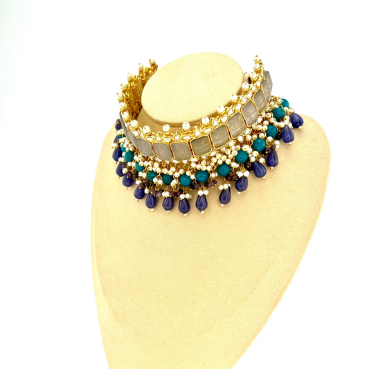 Choker set with with grey, clear stones and blue, purple beads, Set includes choker, tikka and earrings. Prefect for Indian weddings, parties and special occasions. Latest 2022 fashion. High end Indian fashion jewellery with top quality stones and beads.