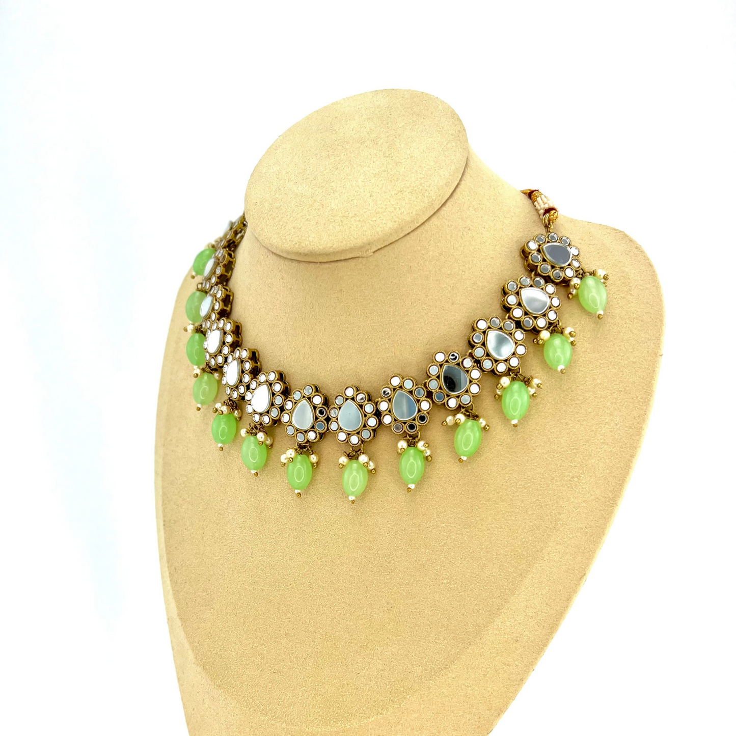Mirror Necklace set with green beads. Set includes necklace, tikka and earrings. Prefect for Indian parties, weddings and special occasions. Latest 2022 fashion