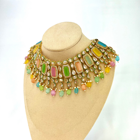 Necklace set with multi colour beads and stones. Set includes necklace, tikka and earrings. Prefect for Indian weddings, parties and special occasions. Latest 2022 fashion. High end Indian fashion jewellery with top quality stones and beads.