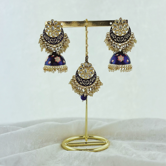 Tikka & Earring Set in navy. High quality beads, pearls and stone work. Latest 2023 fashion for weddings, parties and special occasions