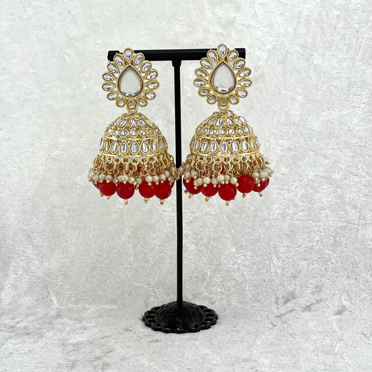 jhumka earrings in Red with stones, pearls & beads, indian wedding jewellery prefect for weddings, parties and special occasions. 2022 fashion