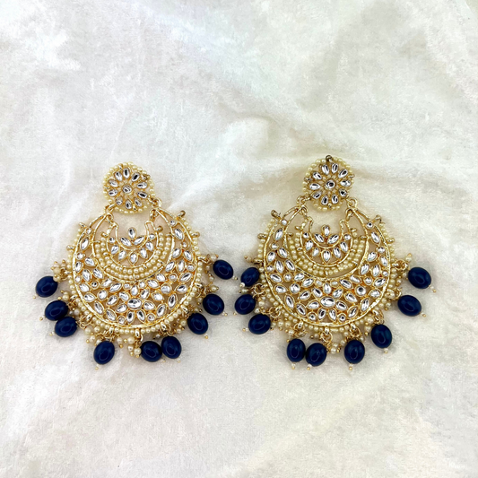 Indian wedding jewellery - large earrinfs with high quality stones and beads in navy blue