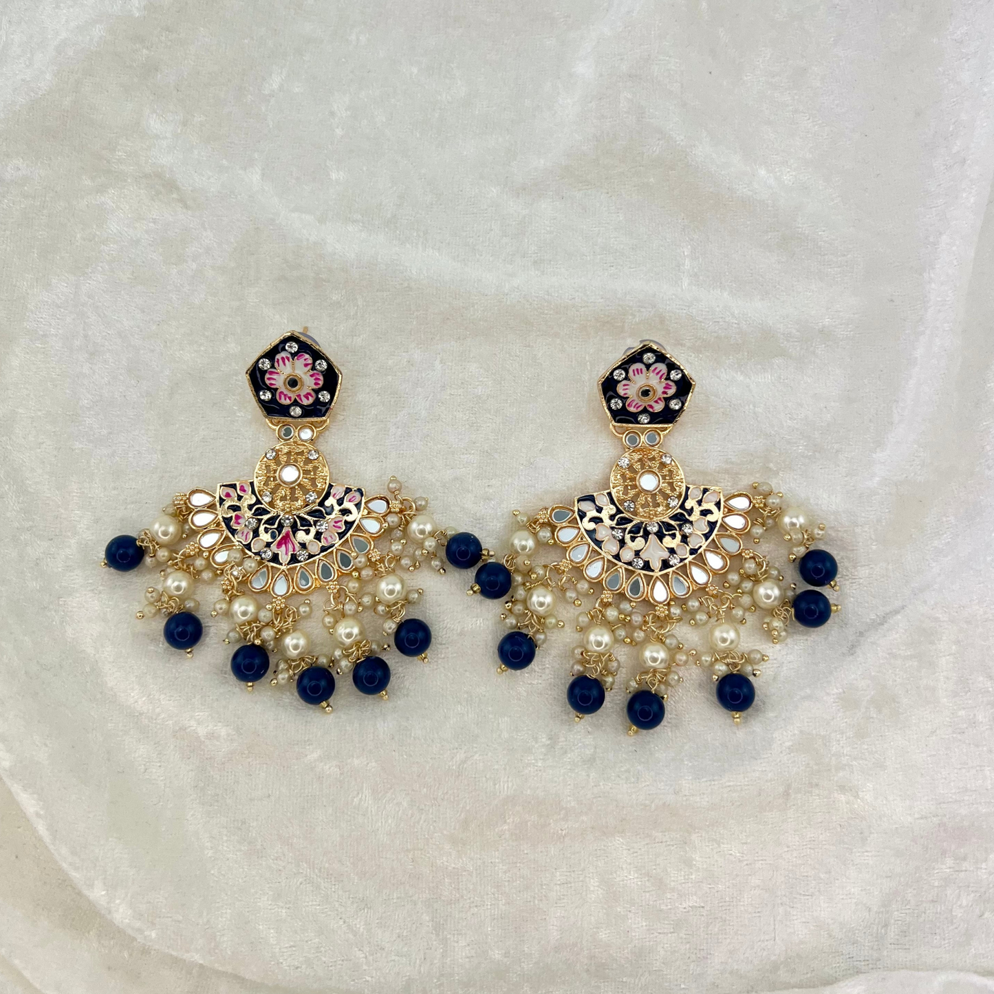 High quality hand painted earrings in Navy Blue with pearls, beads, mirrors and stone work. Latest 2022 indian jewellery for weddings, parties and special occasions.