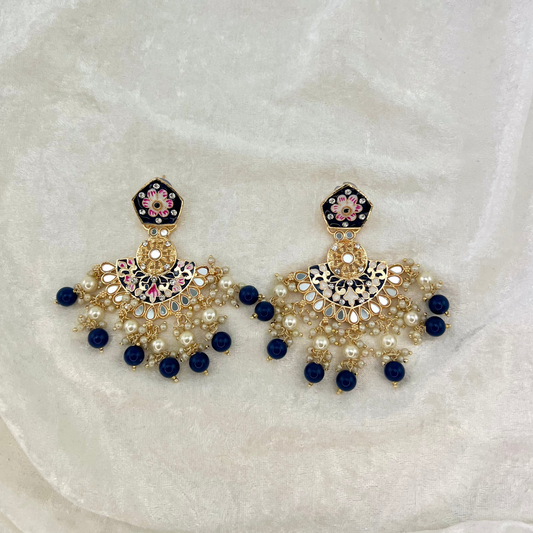 High quality hand painted earrings in Navy Blue with pearls, beads, mirrors and stone work. Latest 2022 indian jewellery for weddings, parties and special occasions.