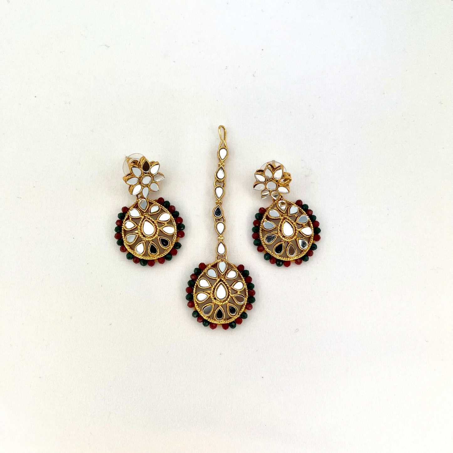 Mirror choker set with multi colour beads. Set includes necklace, tikka and earrings. Prefect for Indian parties, weddings and special occasions. Latest 2022 fashion